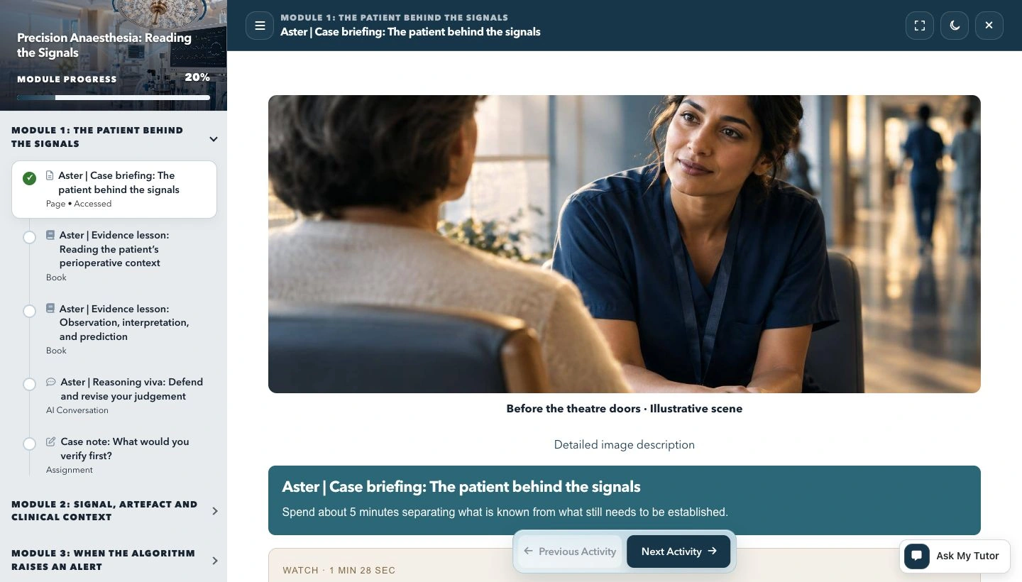 WebbLMS immersive lesson showing a clinician listening to a patient, with module navigation, progress and tutor access