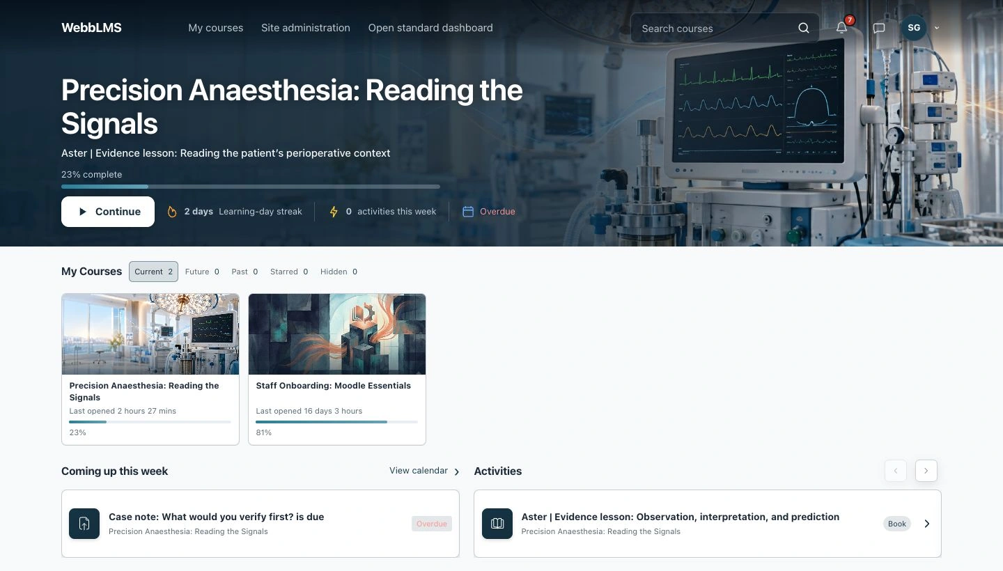 WebbLMS personal learning dashboard showing the Precision Anaesthesia course, progress, upcoming tasks and activities